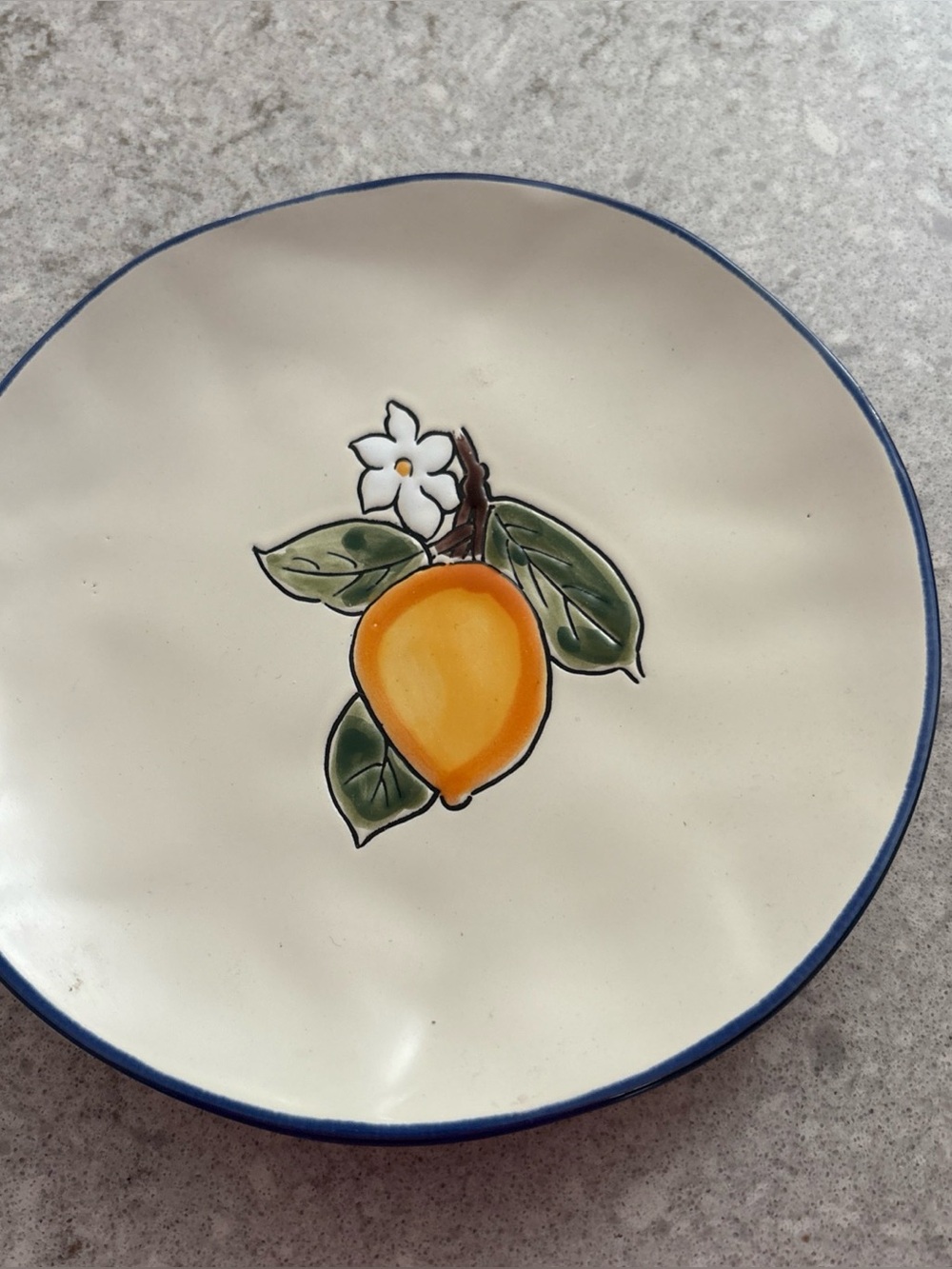 Hand-Painted Lemon Ceramic Plate in Cream and Blue